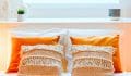 Zoom sur les coussins: taie d'oreillers en lin lavé orange Alinea, de la couleur avec myHomeDesign.