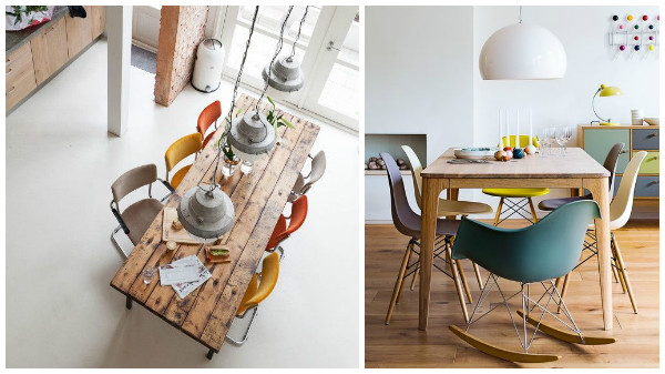 Table scandinave, Table plateau bois, Chaises Eames DSW, Fauteuil luge, chaises colorées