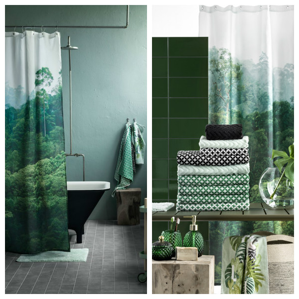 salle de bain, rideau de douche, serviettes, urban jungle h&m home